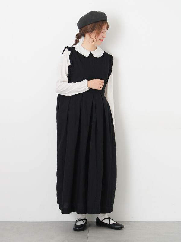 Cross×Linen】肩フリル前後2WAYジャンパースカート（ブラック/ベージュ