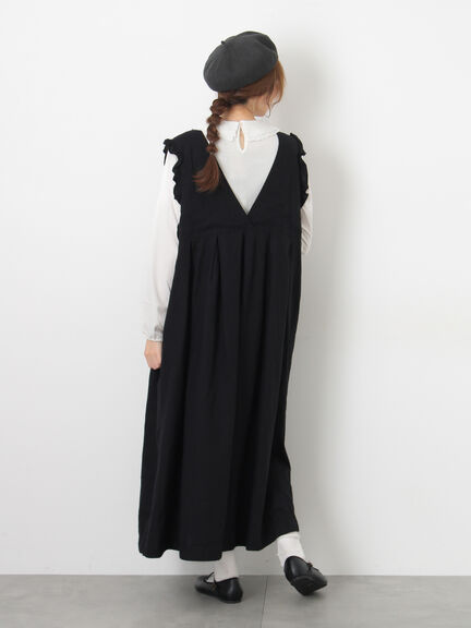 【Cross×Linen】肩フリル前後2WAYジャンパースカート（ブラック/ベージュ）｜Samansa Mos2（サマンサ モスモス）通販
