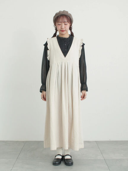 【Cross×Linen】肩フリル前後2WAYジャンパースカート（ブラック/ベージュ）｜Samansa Mos2（サマンサ モスモス）通販