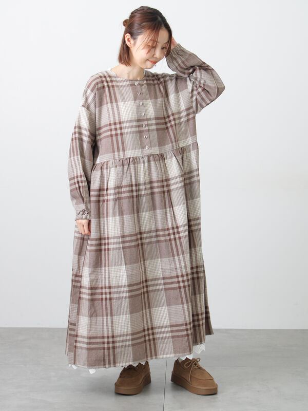 セール】 【Cross×Linen】ギャザーワンピース（レッド/ベージュ/モカ