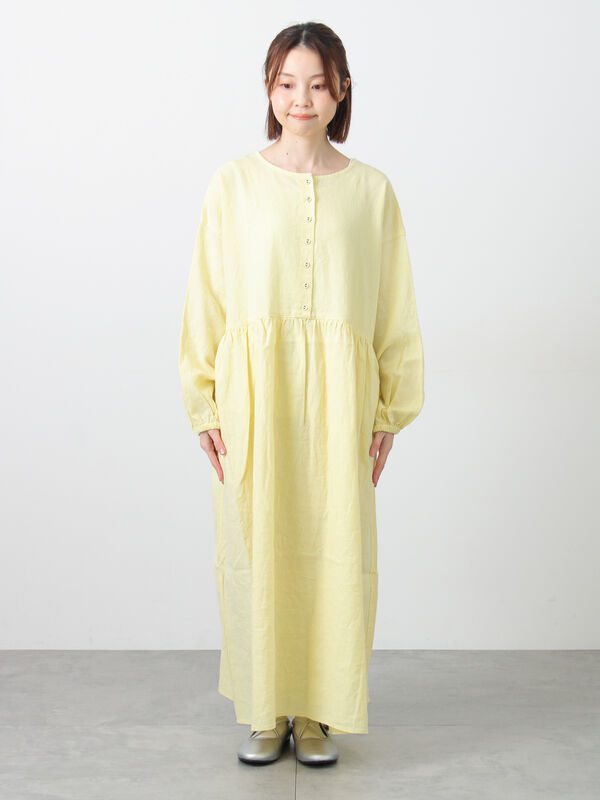 Cross×Linen】ギャザーワンピース（レッド/ベージュ/モカ/イエロー