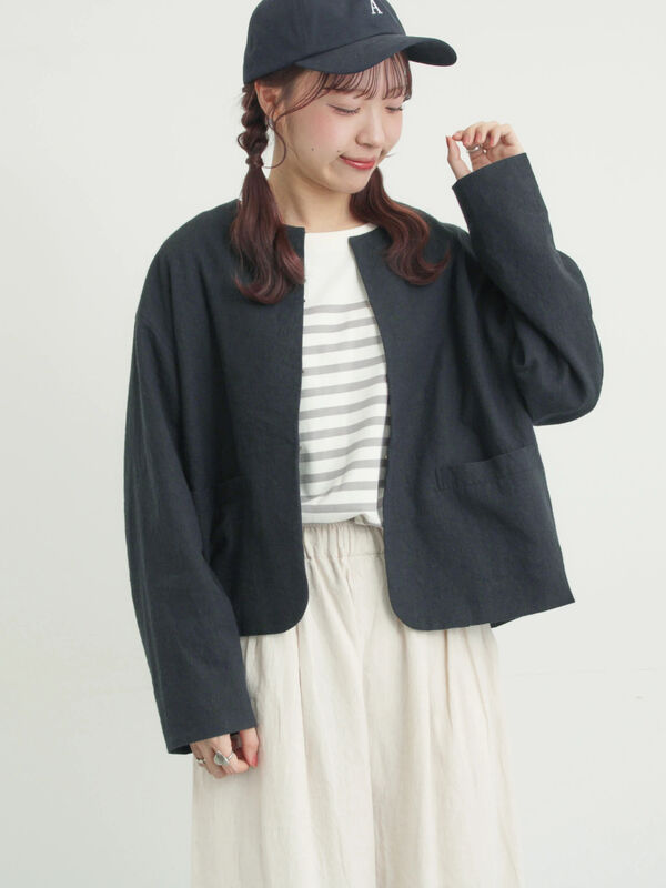 セール】 【Cross×Linen】クルーネックジャケット（ブラック/ベージュ