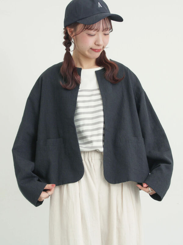 セール】 【Cross×Linen】クルーネックジャケット（ブラック/ベージュ