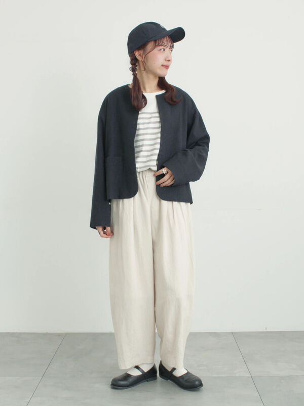 セール】 【Cross×Linen】クルーネックジャケット（ブラック/ベージュ