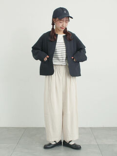 セール】 【Cross×Linen】クルーネックジャケット（ブラック/ベージュ