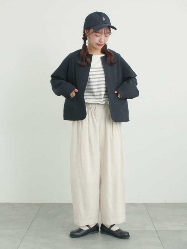 セール】 【Cross×Linen】クルーネックジャケット（ブラック/ベージュ