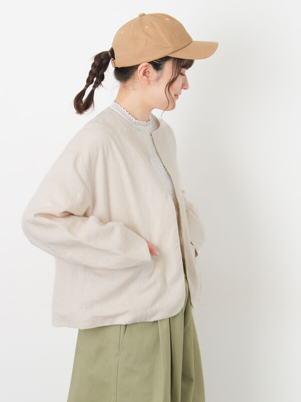 セール】 【Cross×Linen】クルーネックジャケット（ブラック/ベージュ