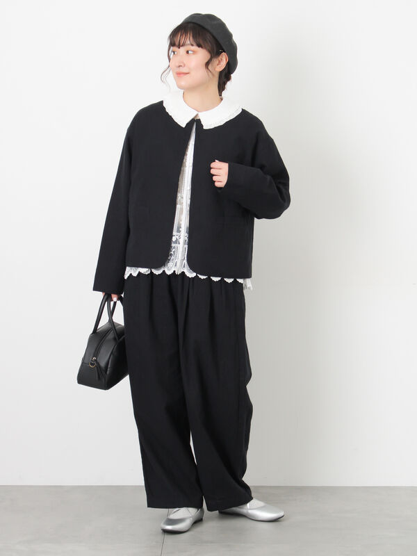 セール】 【Cross×Linen】クルーネックジャケット（ブラック/ベージュ