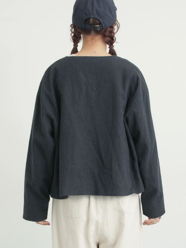 セール】 【Cross×Linen】クルーネックジャケット（ブラック/ベージュ