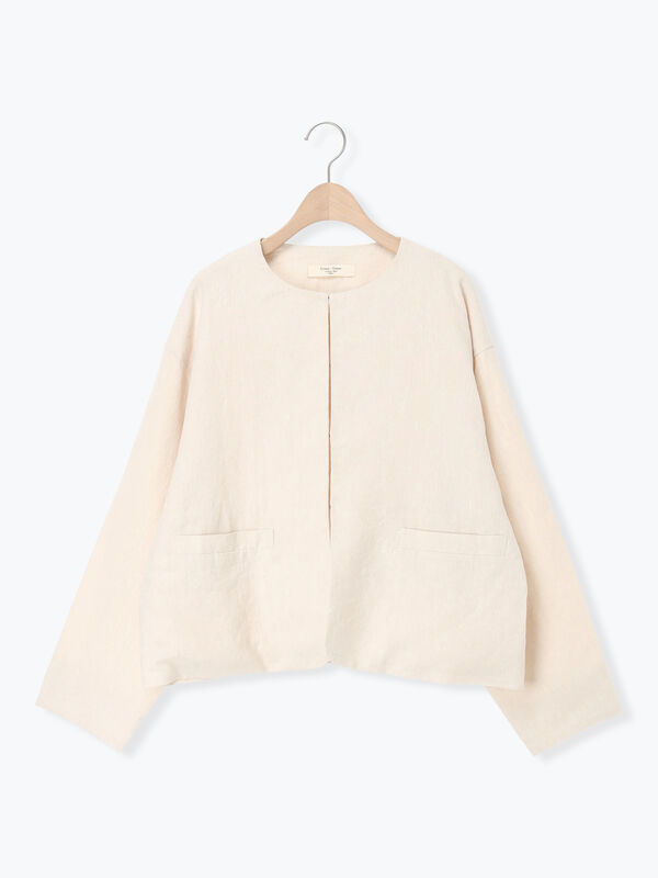 セール】 【Cross×Linen】クルーネックジャケット（ブラック/ベージュ