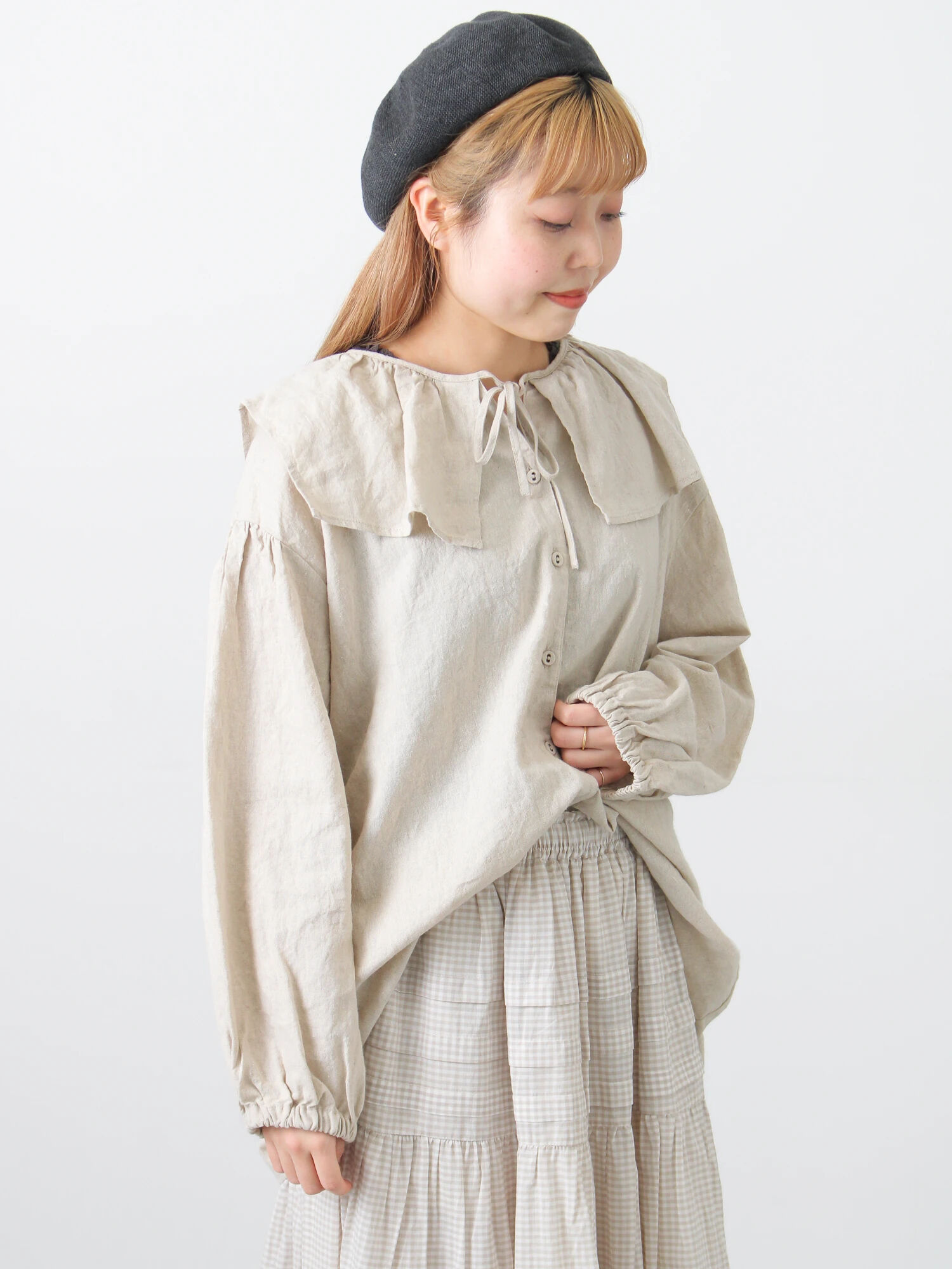 セール】 【Cross×Linen】セーラーカラーブラウス（レッド/ベージュ 