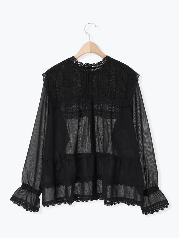 裾フリルティアードレースブラウス（オフホワイト/ブラック/キナリ