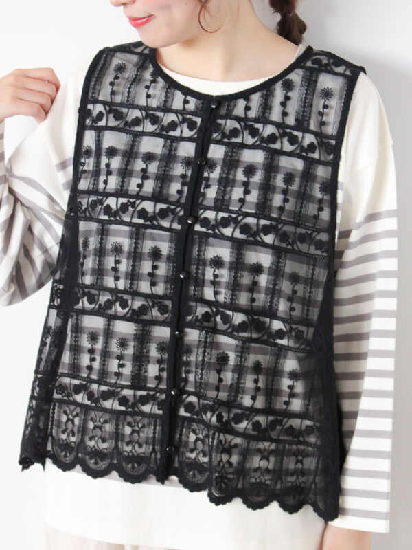 裾スカラップレースベスト（ブラック/トップス/シャツ・ブラウス