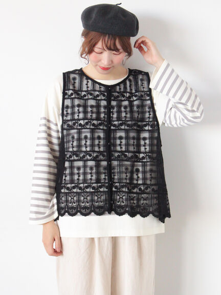 裾スカラップレースベスト（オフホワイト/ブラック）｜Samansa Mos2（サマンサ モスモス）通販