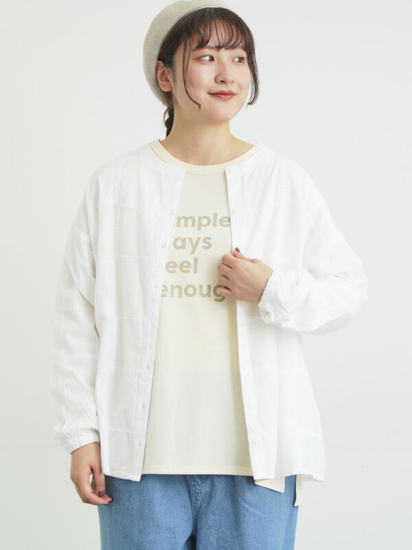 セール】 スクエア刺繍バンドカラーブラウス（オフホワイト/ブラック