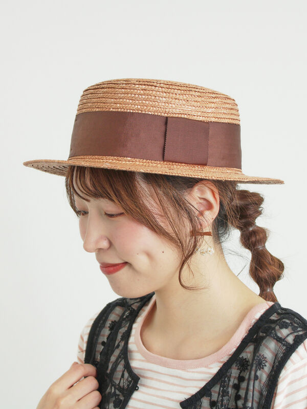 リボン付きカンカン帽（ベージュ/ブラウン/アクセサリー/ハット・帽子