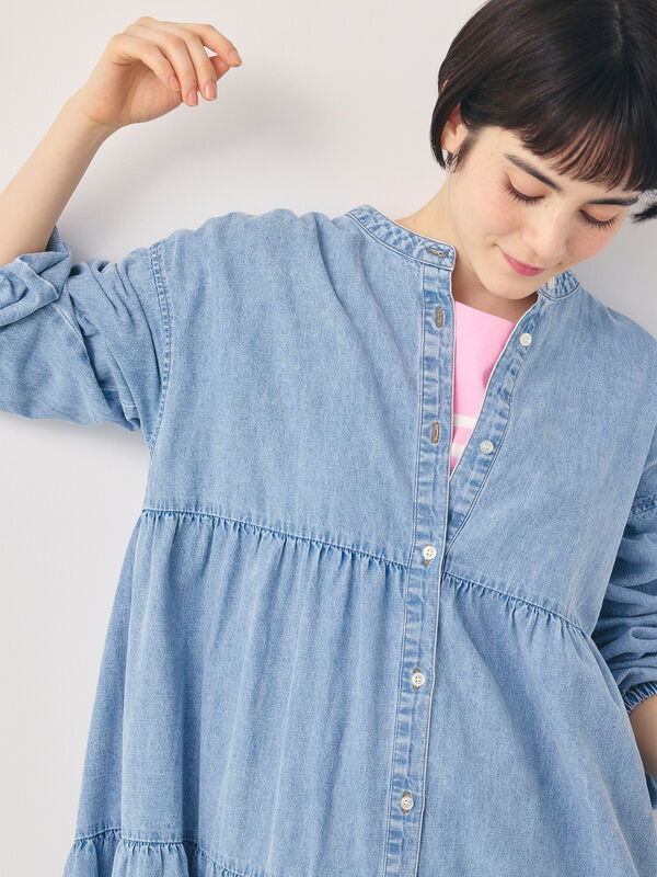 オーガニックコットン】デニムティアードワンピース（サックスブルー