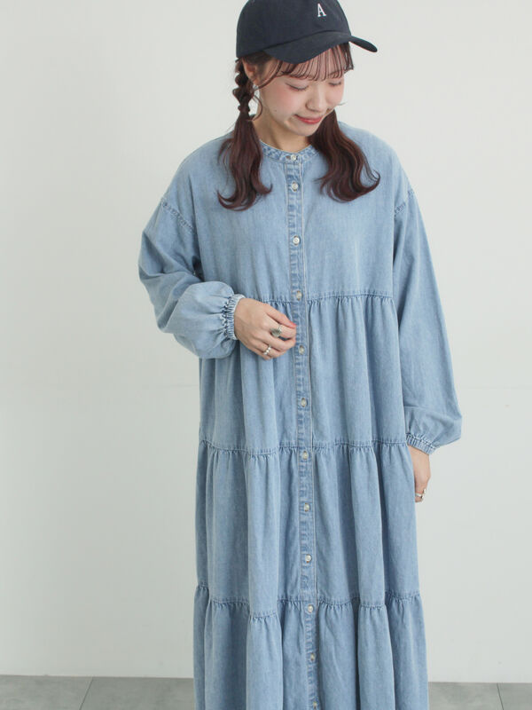 オーガニックコットン】デニムティアードワンピース（サックスブルー