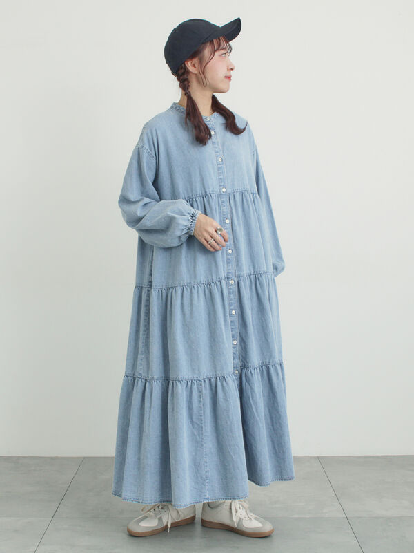 オーガニックコットン】デニムティアードワンピース（サックスブルー