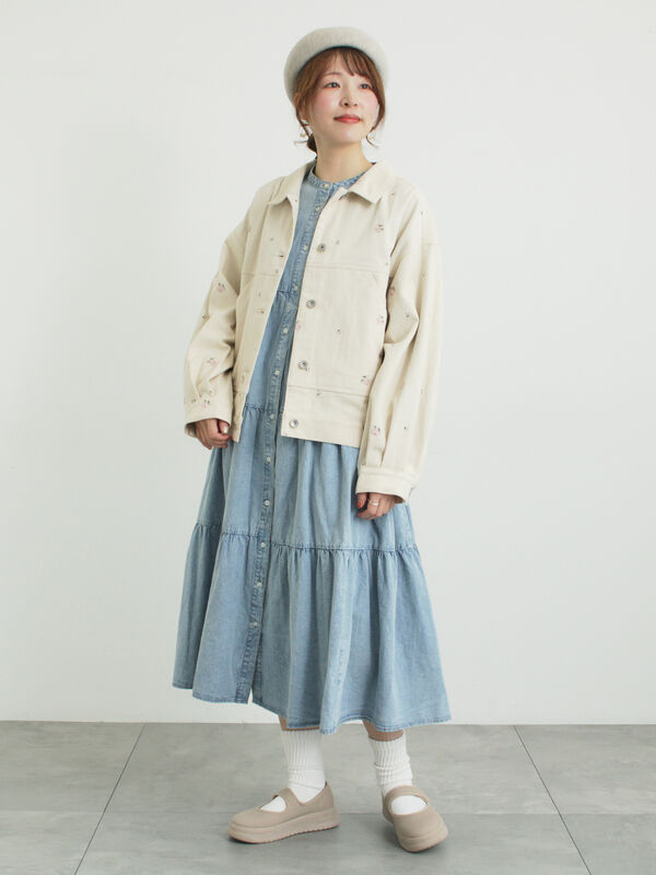 オーガニックコットン】デニムティアードワンピース（サックスブルー
