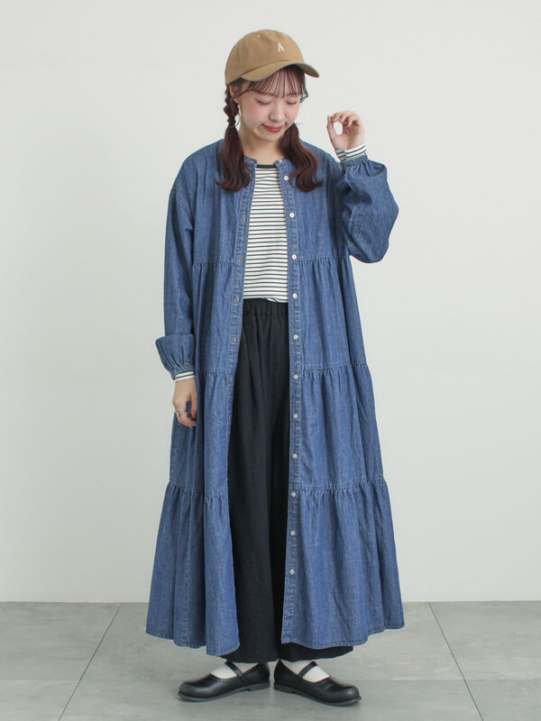 オーガニックコットン】デニムティアードワンピース（サックスブルー