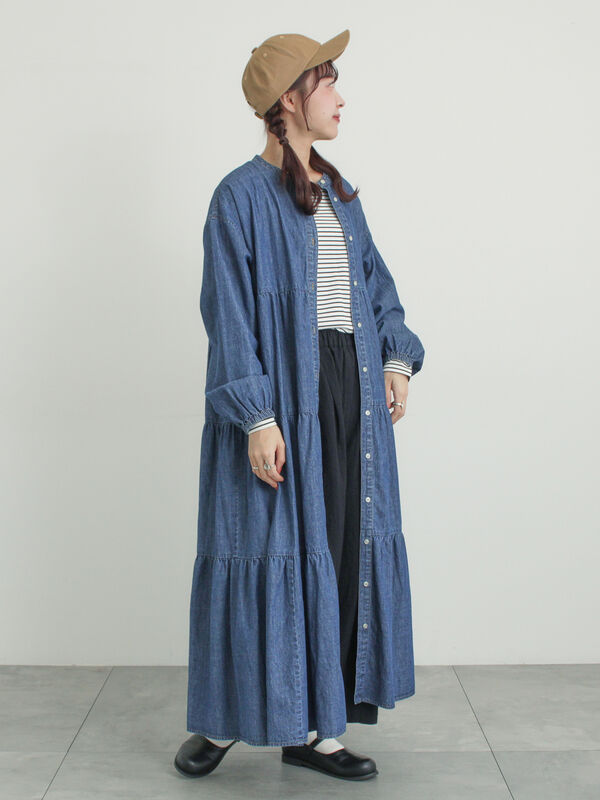 オーガニックコットン】デニムティアードワンピース（サックスブルー