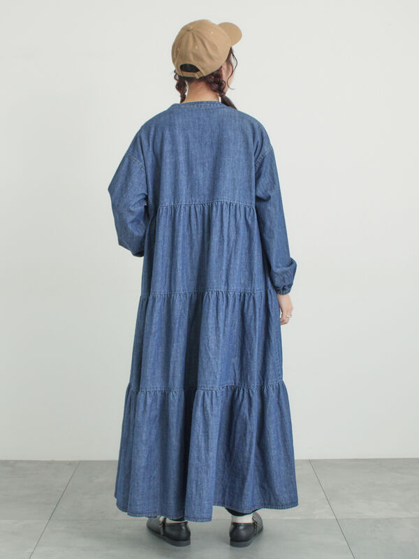 オーガニックコットン】デニムティアードワンピース（サックスブルー