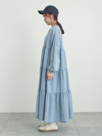【オーガニックコットン】デニムティアードワンピース（サックスブルー/ネイビー）｜Samansa Mos2（サマンサ モスモス）通販