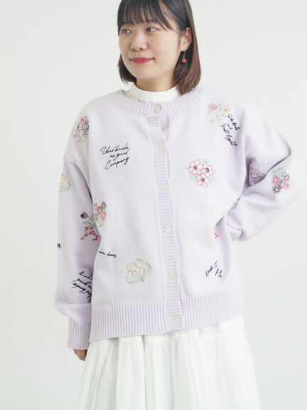 花+ロゴ総柄刺繍カーディガン（オフホワイト/ピンク/グリーン/ネイビー