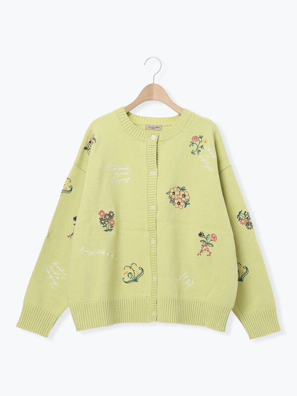 セール】 花+ロゴ総柄刺繍カーディガン（オフホワイト/ピンク/グリーン