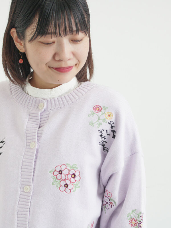 セール】 花+ロゴ総柄刺繍カーディガン（オフホワイト/ピンク/グリーン