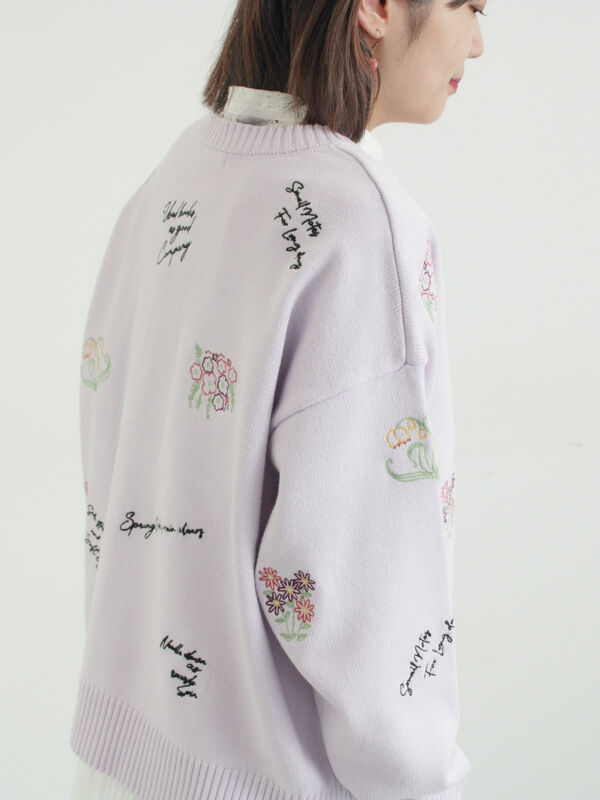 セール】 花+ロゴ総柄刺繍カーディガン（オフホワイト/ピンク/グリーン