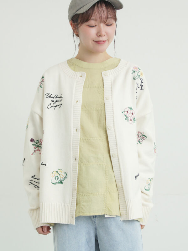 花+ロゴ総柄刺繍カーディガン（オフホワイト/グリーン/ネイビー