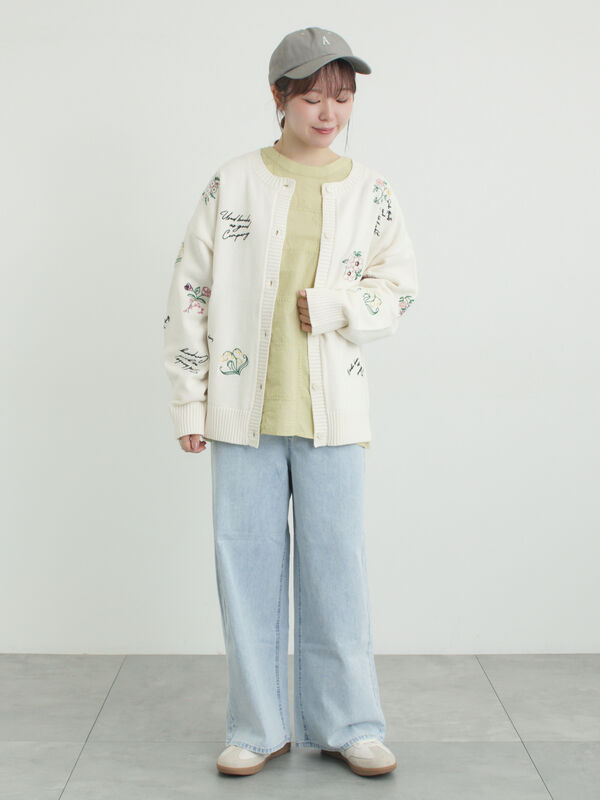 花+ロゴ総柄刺繍カーディガン（オフホワイト/グリーン/ネイビー