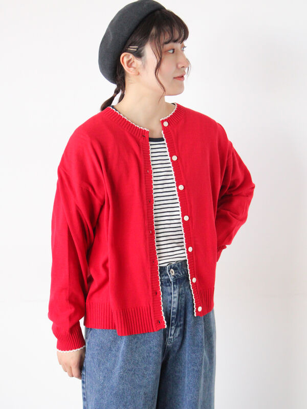 配色スカラップカーディガン（オフホワイト/ブラック/レッド/ミント