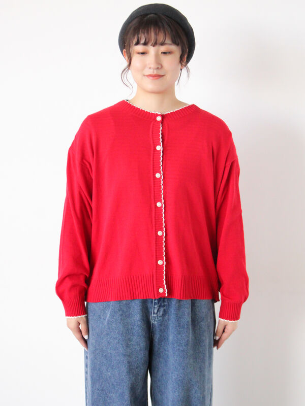 配色スカラップカーディガン（オフホワイト/ブラック/レッド/ミント