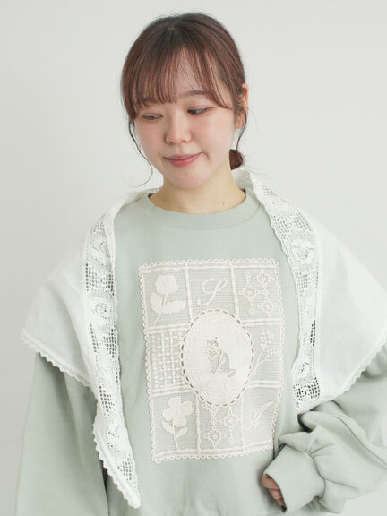 裏毛CAT柄パーツレース付スウェット（オフホワイト/グレー/ミント）｜Samansa Mos2（サマンサ モスモス）通販