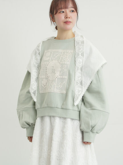 裏毛CAT柄パーツレース付スウェット（オフホワイト/グレー/ミント）｜Samansa Mos2（サマンサ モスモス）通販