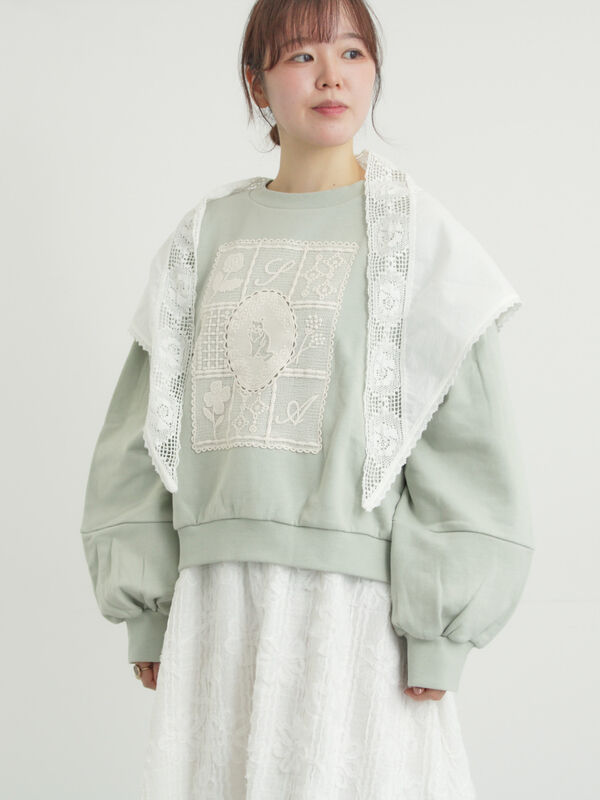 裏毛CAT柄パーツレース付スウェット（オフホワイト/グレー/ミント