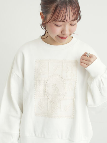 裏毛CAT柄パーツレース付スウェット（オフホワイト/グレー/ミント）｜Samansa Mos2（サマンサ モスモス）通販