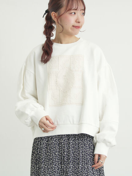 裏毛CAT柄パーツレース付スウェット（オフホワイト/グレー/ミント）｜Samansa Mos2（サマンサ モスモス）通販