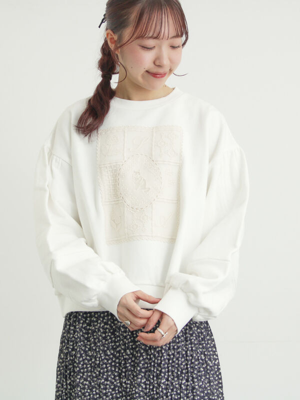 裏毛CAT柄パーツレース付スウェット（オフホワイト/グレー/ミント