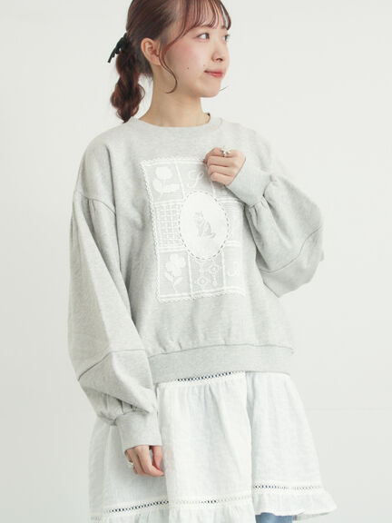 裏毛CAT柄パーツレース付スウェット（オフホワイト/グレー/ミント）｜Samansa Mos2（サマンサ モスモス）通販