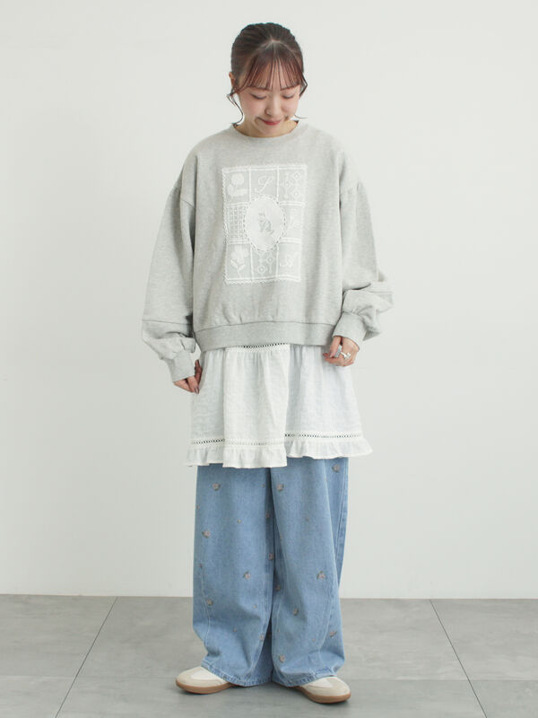 裏毛CAT柄パーツレース付スウェット（オフホワイト/グレー/ミント