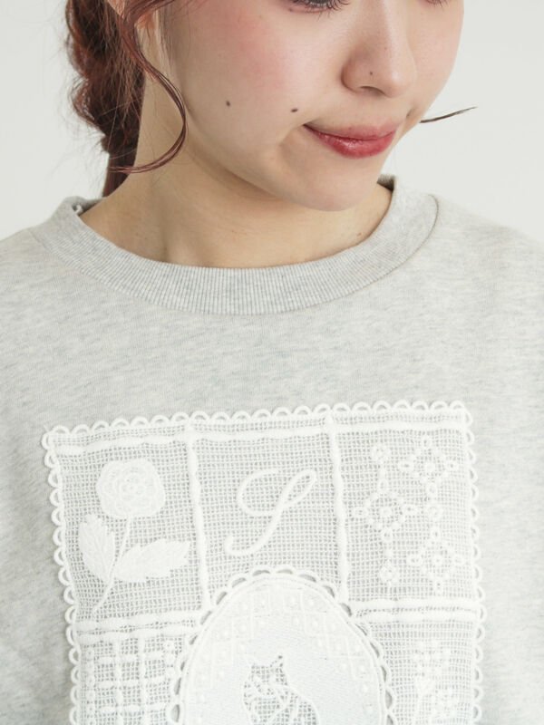 裏毛CAT柄パーツレース付スウェット（オフホワイト/グレー/ミント