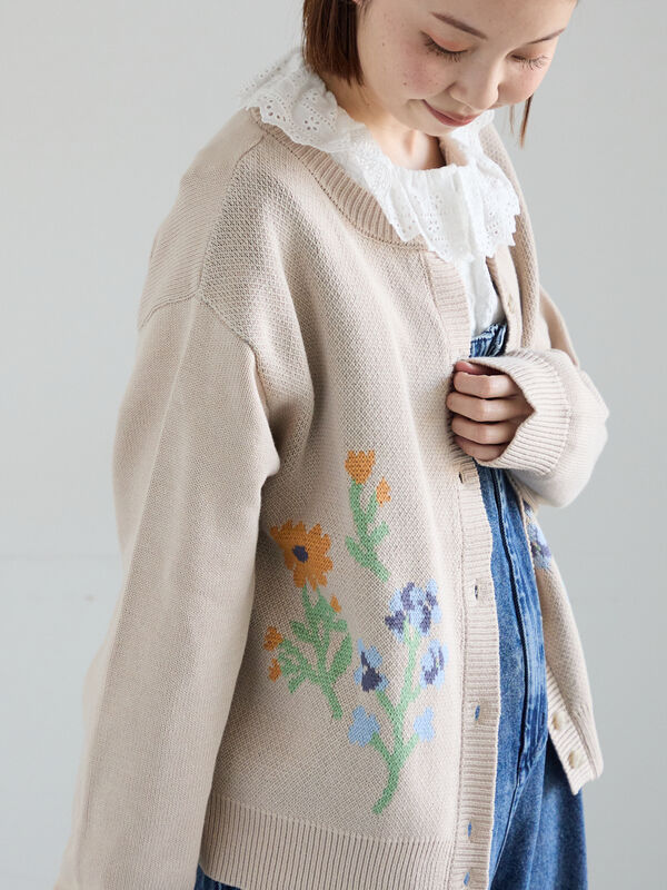 花柄ジャカードカーディガン（グレー/ベージュ/サックスブルー