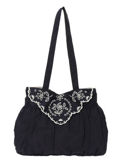 ローズ柄スカラップ刺繍バッグ（チャコールグレー/キナリ/バッグ