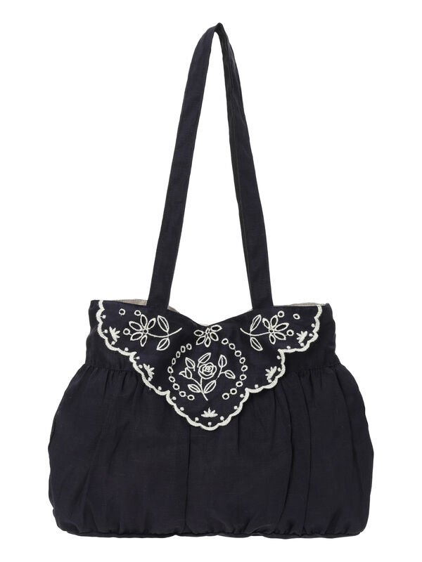 ローズ柄スカラップ刺繍バッグ（チャコールグレー/キナリ/バッグ