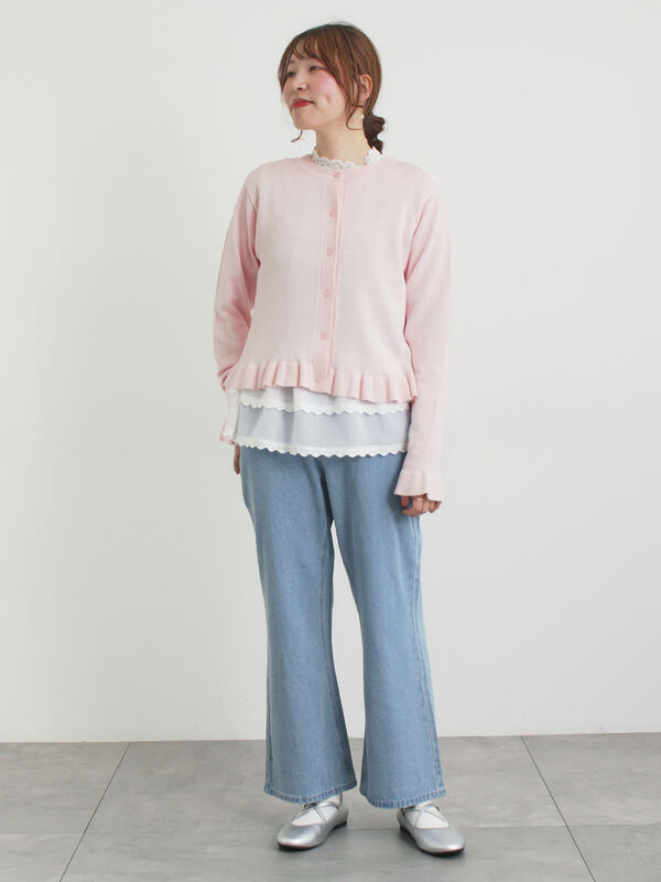 フリルニットカーディガン（グレー/ブラック/ピンク/キナリ/トップス