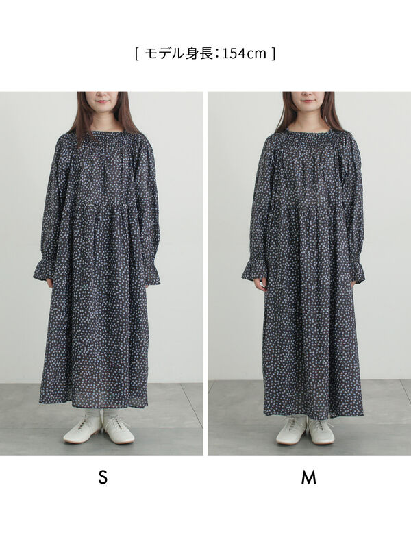 花柄シャーリングワンピース（ブラック/イエロー/カーキ/ワンピース